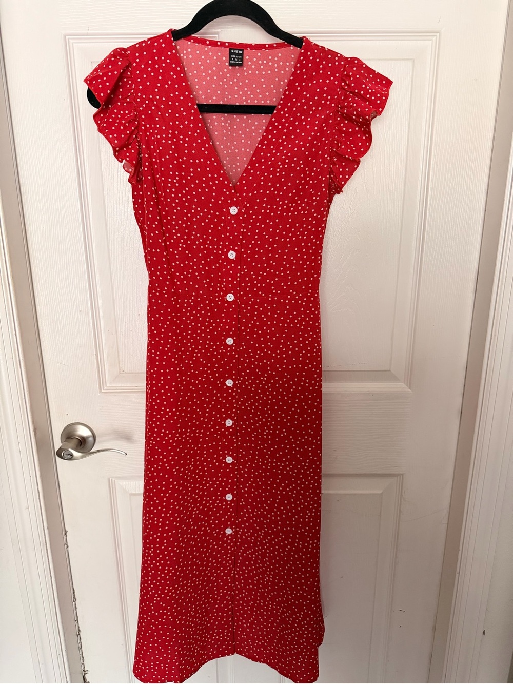 SHEIN Red Polka Dot Button-Front Midi Dress